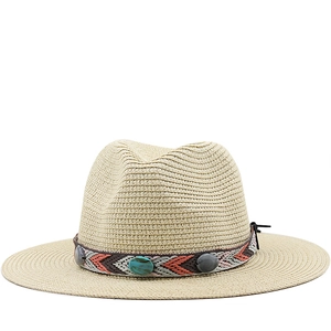 Chapeau Fedora En Paille Bord Large Protection Solaire Respirant Voyage Extérieur Plage Bande Tissée Ethnique Accents Turquoise