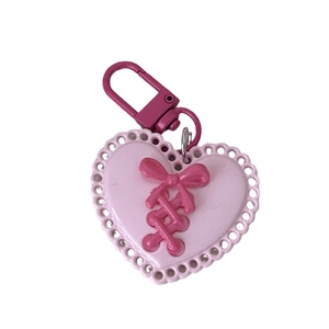 Pink heart keychain with magenta metal clasp and bow tie ribbon for Y2K girls