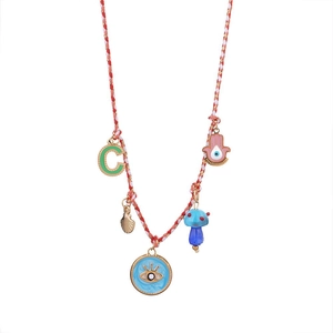Close-up of Bohemian woven necklace with enamel charms like Evil Eye and Fatima Hand