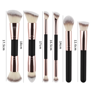 6-piece double-ended makeup brush set including foundation and eyeshadow brushes with size labels