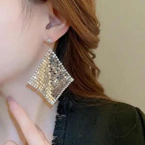 Rhinestone trimmed geometric mesh sequin drop earrings in polished silver finish