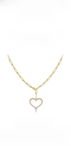 Detail of silver-inlaid moissanite heart pendant on a stylish gold paperclip chain