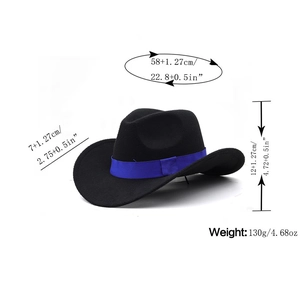 Classic black cowboy hat with royal blue ribbon and 58cm circumference for women and men