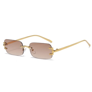 Fashionable rimless rectangle sunglasses with brown gradient lenses and gold temples