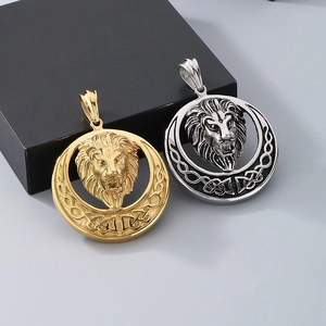 Retro lion head pendant necklace in gold and silver finish with Celtic knot textures