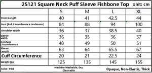 Guide des tailles pour haut corset à manches bouffantes avec mesures détaillées en cm