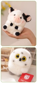 Detailed plush cow and owl charms with soft texture for backpacks and gifts