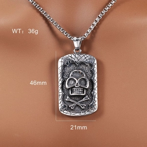 Detailed view of hip hop skull pendant necklace with dimensions 46mm height and 21mm width