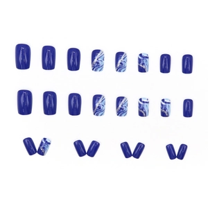 Deep blue marble press-on nails with silver glitter waves and medium square shape