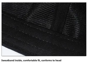 Detailed close-up of the black sports baseball cap showing the padded sweatband and stitching