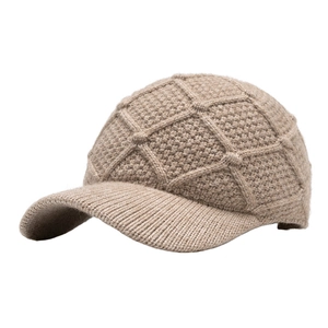 Deep beige knitted baseball cap with diamond weave pattern for winter warmth