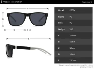 Tabla de tallas para gafas PG004 con ancho de 143mm y altura de lente de 42mm detalle