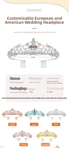 Detail view of crystal bridal crowns with size 14x4.5cm and color variety specifications