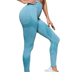 Pantaloni da yoga blu mélange senza cuciture a vita alta con strisce per il fitness