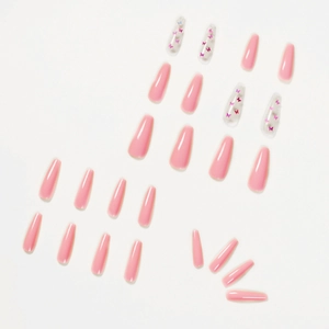 Pink laser butterfly long coffin press-on nails set with shiny glitter sequins