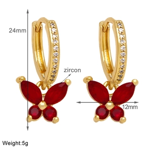 Detailed view of gold butterfly zircon earrings showing 24mm height and 12mm width specs