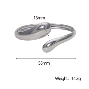 Detail view of silver open cuff bracelet showing 55mm diameter and 13mm water drop ends
