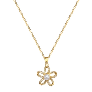 Elegant gold titanium necklace with hollow flower pendant, crystals and pearl on white back