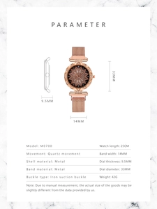 Detailed size parameters of rose gold ladies watch with mesh band and magnetic buckle