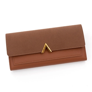 Brown long PU leather wallet for women with golden V-shaped buckle and flap cover