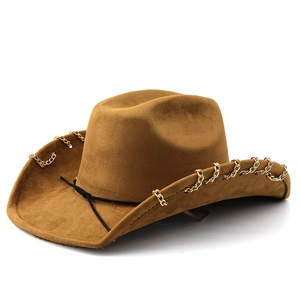 Detailed texture of brown suede cowboy hat with gold chain and black cord trim