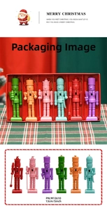 Set of six 13cm colorful wooden nutcracker soldiers with hanging strings and red gift box