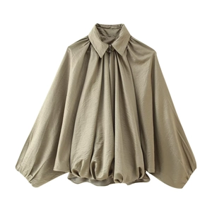 Glossy sage green puffed bomber jacket with long sleeves and zipper stand collar