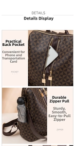 Detail view of anti-theft back pocket and metal zipper on brown geometric backpack