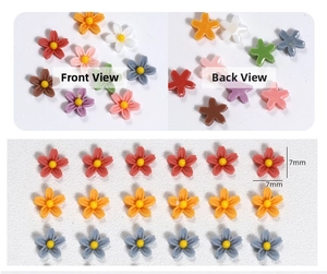 Macro detail of 7mm 3D matte resin five-petal flowers for nail art decoration and DIY