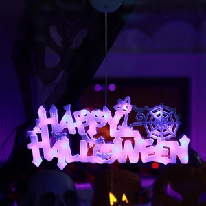 Glow-in-the-dark purple LED Happy Halloween hanging sign with bat and pumpkin designs