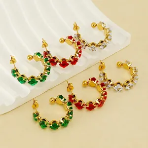 C Shaped Hoop Earrings 18K Gold Plated Stainless Steel Square Cubic Zirconia Vintage Luxury Trendy Jewelry For Women