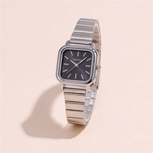 Minimalist square silver steel watch for women with a sleek black dial and vintage design