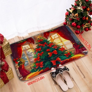 Christmas tree flannel absorbent door mat with non-slip backing on wooden floor