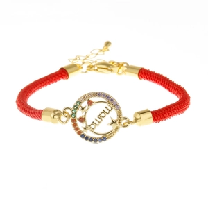 Adjustable red braided rope bracelet with gold MAMA charm and colorful zircon stones