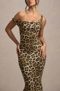 Detail showing leopard print fabric texture and stylish cowl neck draped shoulder design