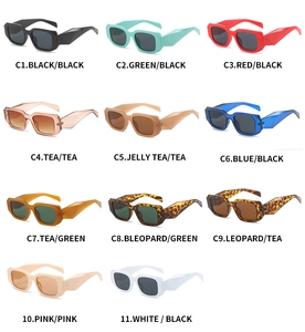 Grid view of various color options for these vintage square frame sunglasses with cut temples