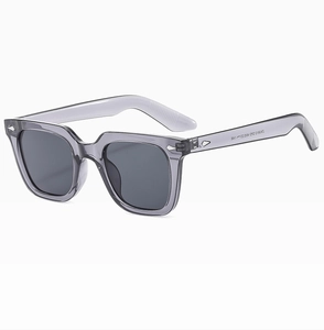 Detailansicht der grauen quadratischen Sonnenbrille mit Nieten und Modellnummer ZN3815