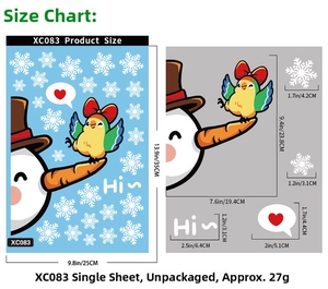 Detailed dimensions of Christmas snowman window stickers with snowflakes and art text