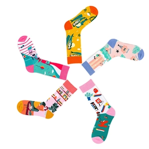 Set of five vibrant cotton mid-calf socks with creative illustrations and patterns