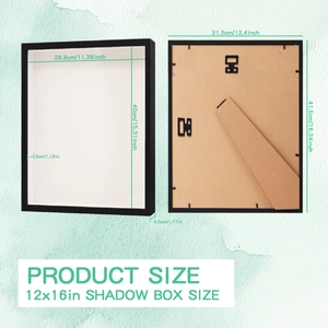 Detailed 12x16 inch black shadow box frame with 3cm depth and back mounting hooks