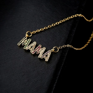 Elegant 18K gold plated MAMA necklace with colorful cubic zirconia on black background