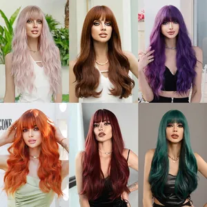 Perruque Longue Ondulée Avec Frange Fibre Synthétique Haute Température Ombré Marron Rose Blond Perruque Tête Complète Pour Femme Quotidien Fête Coiffure