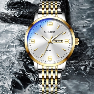 Business men's quartz watch with gold-tone stainless steel band and dual calendar display