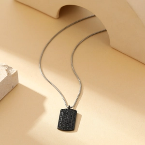 Men hip hop titanium necklace featuring a rectangular black onyx pendant with inlaid stones