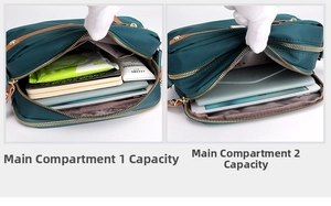Dual-compartment interior of water-resistant nylon crossbody bag with tablet storage