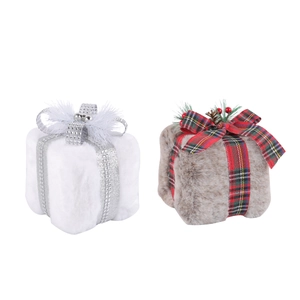 Plush Christmas gift box ornaments in white and brown with festive ribbons for tree decor
