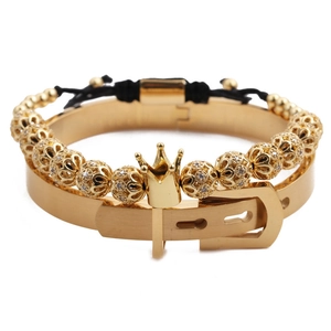Gold crown beaded bracelet and buckle bangle set with white cubic zirconia stones