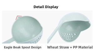Detail of eco-friendly wheat straw soup ladle with pour spout and fiber texture