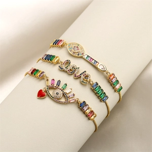 Fashion Copper Bracelet With Colorful Zircon Evil Eye Heart And Love Charms Adjustable Slider Chain For Women