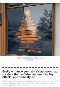 Christmas tree window decal with Merry Christmas text on glass shop door display